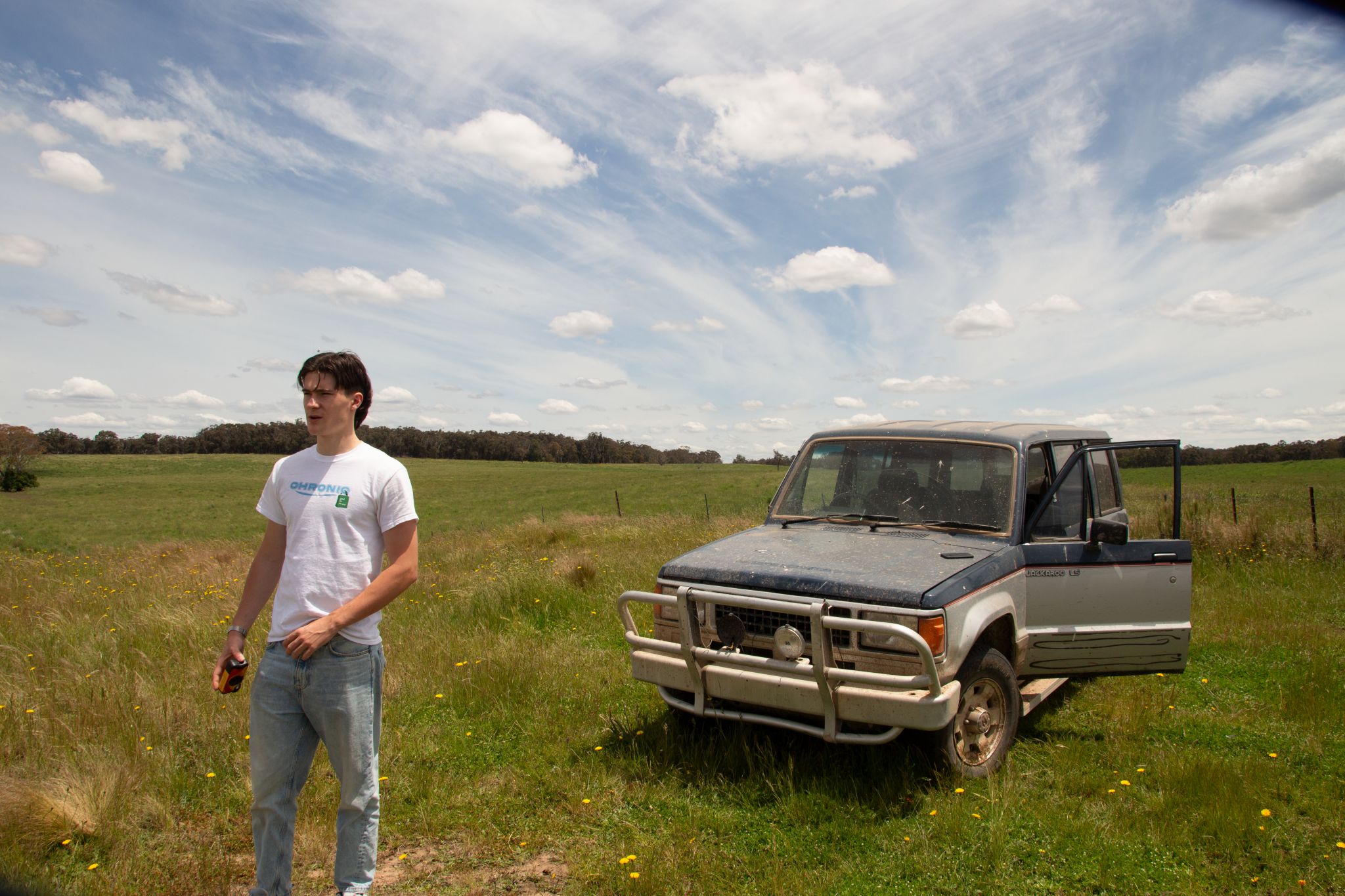 Chronic — model in white tee by a ute in an open paddock