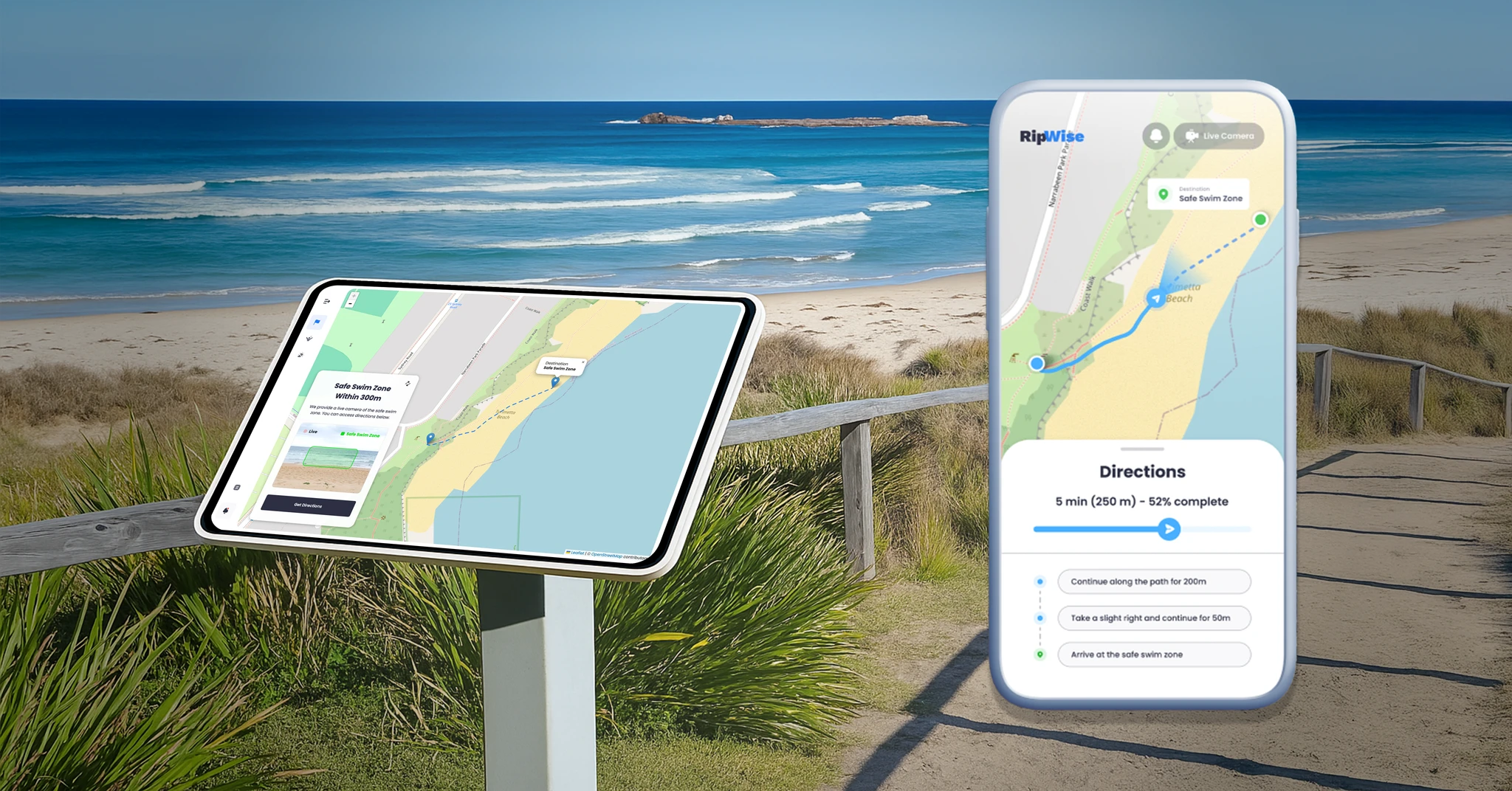 RipWise kiosk at a beach with phone navigation