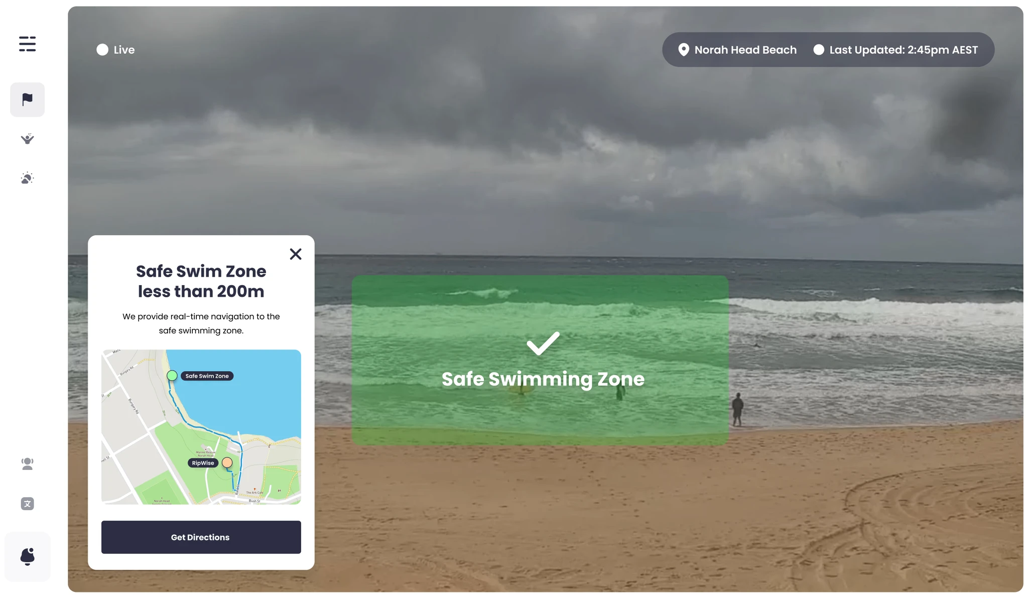 RipWise live camera view with safe swimming zone overlay
